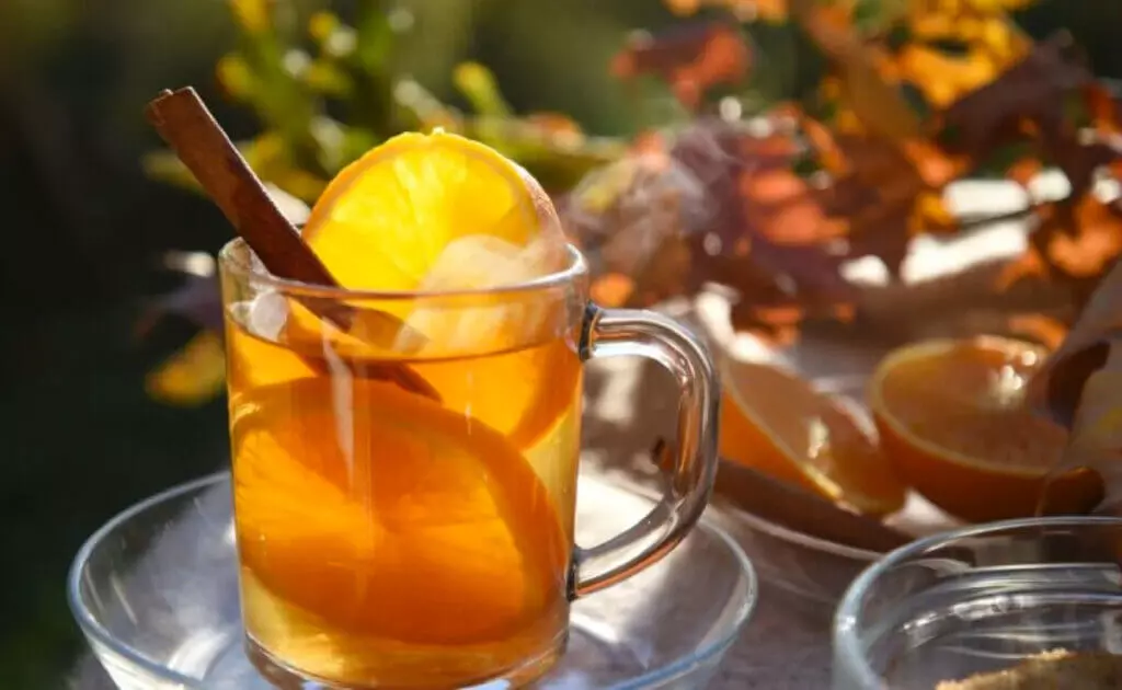 chá de laranja amarga na xícara com canela